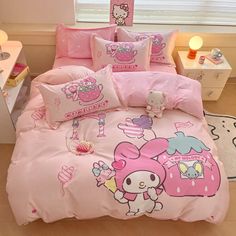 40094216552520|40094216585288 My Melody Room Ideas, Sanrio Bedroom Ideas, Bedroom Sanrio, My Melody Bedroom, My Melody Room, Melody Room, Sanrio Room Decor, Sanrio Bedding, Bedroom Ideas Kids