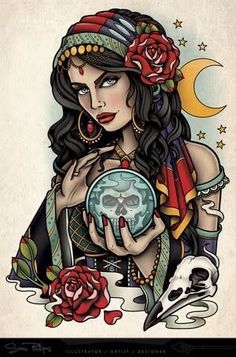 a drawing of a woman holding a skull in her right hand and wearing a hat with roses on it