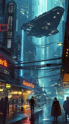 a futuristic city at night with people walking in the rain