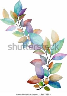 a watercolor painting of leaves on a branch with green, orange and blue colors