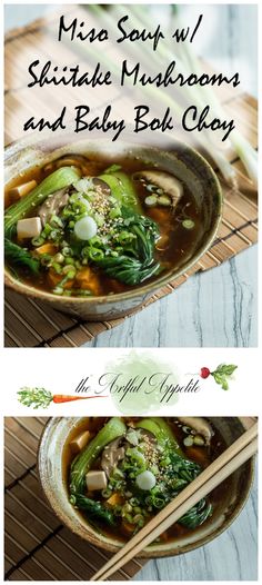 two bowls filled with soup and vegetables next to chopsticks