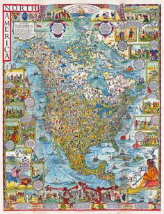 an illustrated map of north america with all the major cities and towns in each region