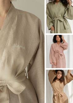 At April Notes, we believe in the power of thoughtful gifts to bring people closer together, and our linen bathrobes with personalized embroidery are the perfect way to create that connection. Let us help you craft a personalized gift that will be treasured for a lifetime, bringing a little bit of magic and warmth to your loved one's heart.  DETAILS - Handmade from high-quality European linen (certified free from harmful chemicals) - Bathrobe features a relaxed fit, long sleeves, a waistband, and front outer pockets - We are able to embroider a name or a short message (up to 15 letters) - We use ivory threads for embroidery - French seam finish - Pre-washed for exceptional softness - Naturally breathable, hypoallergenic, thermoregulating, and highly absorbent - Machine washable - Shipped i Embroidered Long Sleeve Robe For Loungewear, Linen Sleep Robe, Linen Bathrobe, Robe For Women, Linen Kimono, Short Messages, Personalized Embroidery, Pajama Robe, European Linens