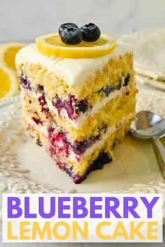 a blueberry lemon cake on a plate with the title overlay reads, blueberry lemon cake