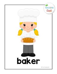 a girl in chef's outfit holding a loaf of bread with the word baker on it