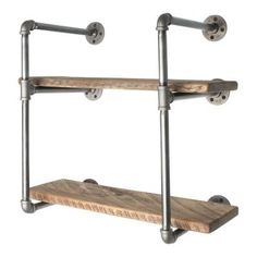 a wooden shelf with two metal pipes on it