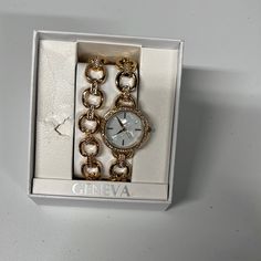 Beautiful Gold Color, Watch And Bracelet With Rhinestones Around The Face Of The Watch, On Band And Bracelet. Perfect For Gift Giving Box Has Some Damage. Please See Pictures. Watch And Bracelet Set, Purple Watch, Beaded Watches, Geneva Watch, Round Watch, Cuff Watch, The Watch, Enamel Bracelet, Watches Women Fashion