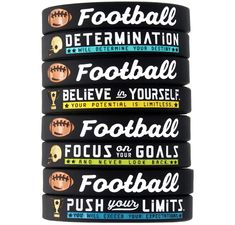 four wristbands with different types of sports related items on them, all in black and white