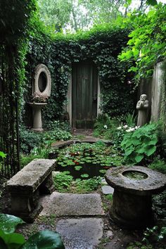 a small pond in the middle of a garden surrounded by greenery and stone benches