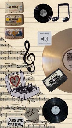 an old record player surrounded by music notes and other musical items on top of sheet music