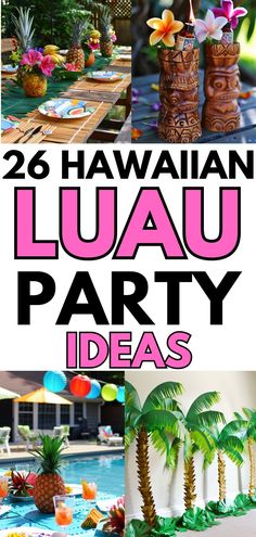 hawaiian luau party ideas with palm trees and pineapples on the table,