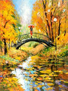 a painting of a person holding an umbrella on a bridge over a river in the fall