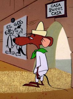 a cartoon mouse wearing a cowboy hat and standing in front of a sign that says casa sweet cassa