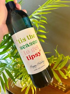 a person holding a bottle of wine in front of a potted plant with the words tis the season to get tipsy written on it