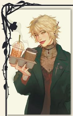 an anime character holding a box with a drink in it