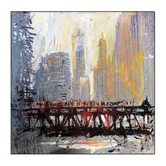 a painting of a bridge in the middle of a city with tall buildings behind it