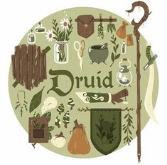 an illustration of the word bruid surrounded by various items such as plants, caulders and other things