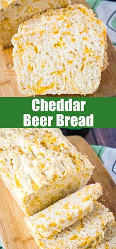 cheddar beer bread is cut in half and stacked on a wooden cutting board