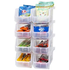 plastic storage bins filled with various items