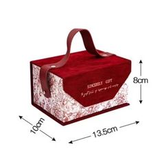 an image of a red and white handbag with lace on the side, measurements