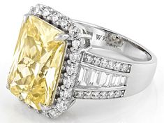 Charles Winston For Bella Luce® canary and white diamond simulants 13.97ctw baguette, round, and rectangle, rhodium over sterling silver ring. Measures approximately 0.81"L x 0.69"W and is not sizeable. The diamond equivalent weight is 8.46ctw. Yellow Diamond Baguette Cut Jewelry, Elegant Yellow Baguette Cut Diamond Ring, Yellow Baguette Cut Diamond Jewelry, Formal Yellow Baguette Cut Jewelry, Yellow Platinum Jewelry With Diamond Accents, Yellow Baguette Cut Fine Jewelry, Diamond Simulant, White Diamond, Sterling Silver Ring