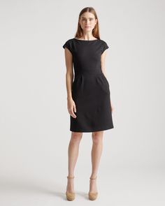 Ready to go for work or date night, this simple-yet-elegant cap sleeve dress is part of our best-selling ponte collection. You�’ll feel like a boss thanks to the smooth, streamlined fit of our thick, stretchy knit fabric that’s as comfortable as it is alluring. And it looks great dressed up or down.  | Quince | Women's Ultra-Stretch Ponte Cap Sleeve Dress in Black, Size XL, Rayon Silk Tee, Silk Shirt Dress, Silk Wrap Dresses, Cap Sleeve Dress, Ponte Dress, Summer Work Outfits, Dress Shirt Sleeves, Overlay Dress, Quince Dresses