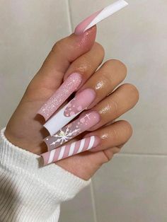 Multicolor  Collar    3D Nails Embellished   Beauty Tools Baddie Christmas Nails Medium, Winter Nail Sets Acrylic, Long Pink Christmas Nails, Pink Christmas Acrylics, Christmas Nail Set Ideas, Pink Winter Nail Set, Cute Pink Winter Nails, Long Acrylic Christmas Nails, Pink Christmas Nails Square