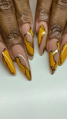 Auburn Abstract 🧡✨ . . . #charlottenails #charlottenailsalon #charlottenailtech #cltnails #queencitynails #ncnails #atlantanails #nailart … | Instagram Mustard Nails Design, Pie Nails, Abstract Nail Art, Fancy Nails Designs, Black Nail Designs, Black Nail