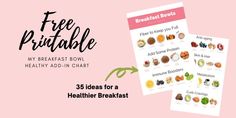 three breakfast bowls with the words free printable for healthy and nutritious meals