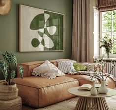 a living room filled with furniture and plants on top of a table in front of a window