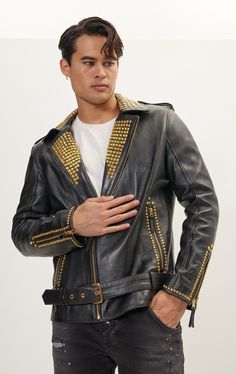 DETAILS Across decades and adaptable to any outfit, our Studded Biker Jacket effortlessly radiates a cool and timeless aura. Constructed from lightweight semi-shine lambskin, this jacket honors the classic while injecting a touch of modernity. Traditional elements like applet shoulders, a leather buckle, and zipped cuffs are incorporated, but what truly distinguishes our version is the infusion of polished studs, scattered strategically throughout. Elevate your fashion with a garment that harmon Style With Leather Jacket, Turkey Style, Studded Leather Jacket, Biker Jackets, Lambskin Leather Jacket, Leather Jacket Black, Leather Cleaning, Studded Leather, Leather Buckle