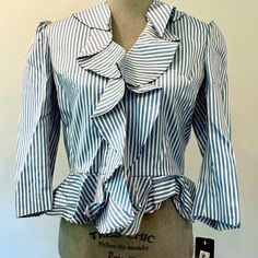 Nwt Lauren Ralph Lauren Baby Blue And White Stripe Ruffle Peplum Blouse Blazer Size 10p (Petite) See Pictures For Details Fitted Ruffle Blouse For Office, Fitted Cotton Blouse With Ruffle Hem, Elegant Blue Blouse With Ruffled Collar, Formal Summer Peplum Top, Chic Fitted Peplum Blouse, Fitted Tops With Ruffles And Ruffled Collar, Elegant Blue Tops With Ruffle Hem, Formal Fitted Ruffle Tops, Blue Fitted Top With Ruffled Collar