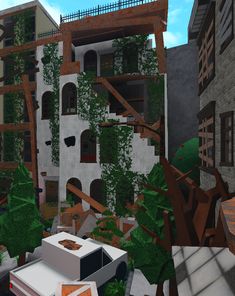 An old building left decaying and falling apart. City Bloxburg, Building References, Abandoned City, Bloxburg Builds, Town Ideas, Town Building, Down Town