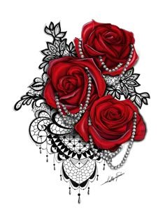 three red roses with pearls and lace on the stems are shown in this tattoo design