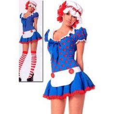 a woman in a blue and red costume with polka dots on it's skirt