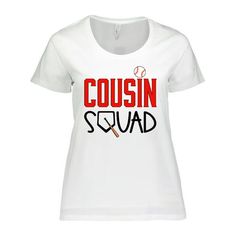 Cousin Squad Baseball and Bat Women's Plus Size T-Shirt. Step up to the plate and show that you belong to best family, and baseball team, ever! Size: 2X.  Color: White.  Gender: female.  Age Group: adult. Baseball Season Fan Apparel Tops With Sublimation Print, School Spirit T-shirt With Sublimation Print For Baseball Season, Casual T-shirt With Team Name For Baseball Season, Casual T-shirt For Baseball Season With Team Name, Team Spirit Tops With Sublimation Print For Baseball Season, Casual Team-colored Tops With Sublimation Print, Casual Baseball Season Fan Gear Tops, Casual Tops For Baseball Season Fan Gear, Casual Fan Gear Tops For Baseball Season