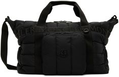 Water-repellent quilted down-filled nylon taffeta duffle bag in black. Logo-woven webbing trim throughout. · Twin carry handles · Adjustable webbing shoulder strap · Zip compartment and logo patch at face · Elasticized mesh pocket at sides · Two-way zip closure · Zip pocket at interior · Logo-woven twill lining · Logo-engraved black hardware · H15 x W18.5 x D6 in Supplier color: Black Fill: 90% down, 10% feathers. Luxury Nylon Bags With Logo Patch, Designer Quilted Nylon Bags, Interior Logo, Black Hardware, Black Logo, Duffel Bag, Travel Luggage, Luggage Bags, Repellent