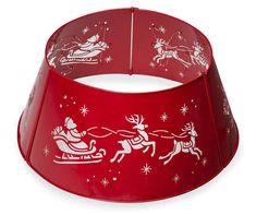 a red christmas lamp shade with santa riding on a sleigh and reindeers