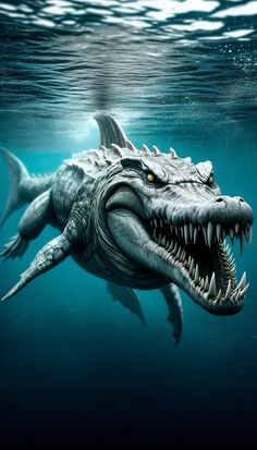 a large alligator swimming in the ocean with its mouth open and it's teeth out