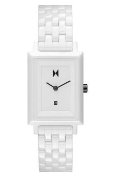 Modern minimalism makes this polished square watch a distinguished accessory for any occasion. 26mm case Quartz movement Date window Mineral crystal face Ceramic Imported Modern Everyday Watch With Rectangular Dial, Modern Square Face Watch For Formal Occasions, Modern Square Face Watch As Gift, White Watches With Diamond Hour Markers And Rectangular Dial, Minimalist Square-faced Quartz Watch, Minimalist Square Face Quartz Watch, Elegant White Rectangular Watch, White Rectangular Quartz Watch, White Rectangular Quartz Watches