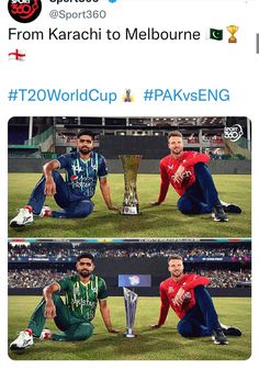 two men sitting on top of a field with a trophy in front of them and the caption reads, from karaci to melbourne t20 world cup