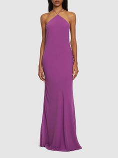 Self-tie halter neck closure. Low cut back. Model is wearing a size40 Silk Georgette Dress, Back Model, Maxi Slip Dress, Lilac Dress, Satin Maxi, Pink Maxi Dress, Shearling Jacket, Black Maxi Dress, Purple Dress