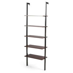 a book shelf with four shelves on one side and two hanging bars on the other