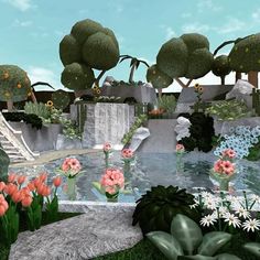 an animated garden scene with flowers, trees and steps leading up to the water fall