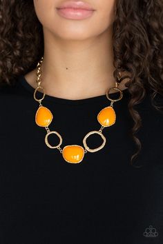 Delicately hammered in shimmery textures, asymmetrical gold rings and orange beaded frames link below the collar for a colorful look. Features an adjustable clasp closure. Sold as one individual necklace. Includes one pair of matching earrings. P2ST-OGXX-042XX Short Gold Necklace, Paparazzi Accessories Jewelry, Orange Necklace, Bear Necklace, Paparazzi Accessories, Paparazzi Jewelry, Affordable Jewelry, Orange Gold, Boutique Jewelry