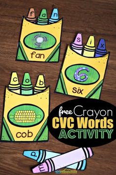 four crayon cvc words activity bags with crayons in them on a table