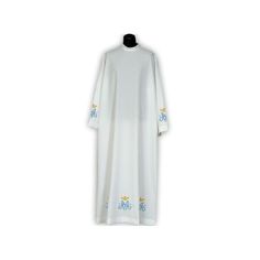 This beautiful clergy alb features stunning Marian embroidery and a stand-up collar, making it a perfect choice for special occasions. The georgette fabric is light and airy, and easy to iron. The high-quality embroidery adds an extra touch of elegance. The alb is available in a range of sizes, from 164 cm to 200 cm, so you can find the perfect fit. Whether you're celebrating a primacy, birthday, name day, or priesthood jubilee, this alb is sure to impress. Handmade with care, this alb is a true work of art. Alba available in sizes: 164 cm / 64.56 Inches 170 cm / 66.92 Inches 176 cm / 69.29 Inches 182 cm / 71.65 Inches 188 cm / 74.01 Inches 194 cm / 76.37 Inches 200 cm / 78.74 Inches White Elegant Chasuble For Weddings, Traditional White Ceremonial Thobe, White Long Sleeve Thobe With Intricate Embroidery, Traditional White Embroidered Chasuble, Elegant White Embroidered Thobe, White Embroidered Chasuble For Church, Priest Stole, Liturgical Colours, Name Day