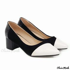 Olivia Mark - Minimalistic Chunky Heel Pointed Toe Low-Cut Single Shoes in Various Sizes Elegant Chunky Heels, Professional Work Shoes, Rough Heels, Work Shoes Women, Elegant Heels, Kitten Heel Sandals, Slip On Pumps, Pu Heels, White Pumps