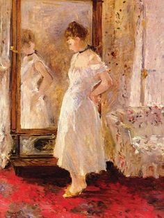 a painting of a woman standing in front of a mirror