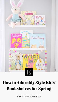 bookshelves with bunny ears and children's books on them